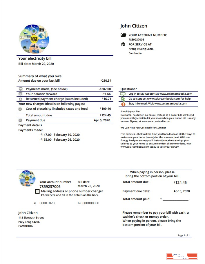 Cambodia Solar Green Energy Cambodia Co utility bill template in Word and PDF format